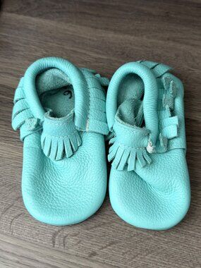 Freshly Picked Teal leather Fringe Moccasin size 6 (sample)